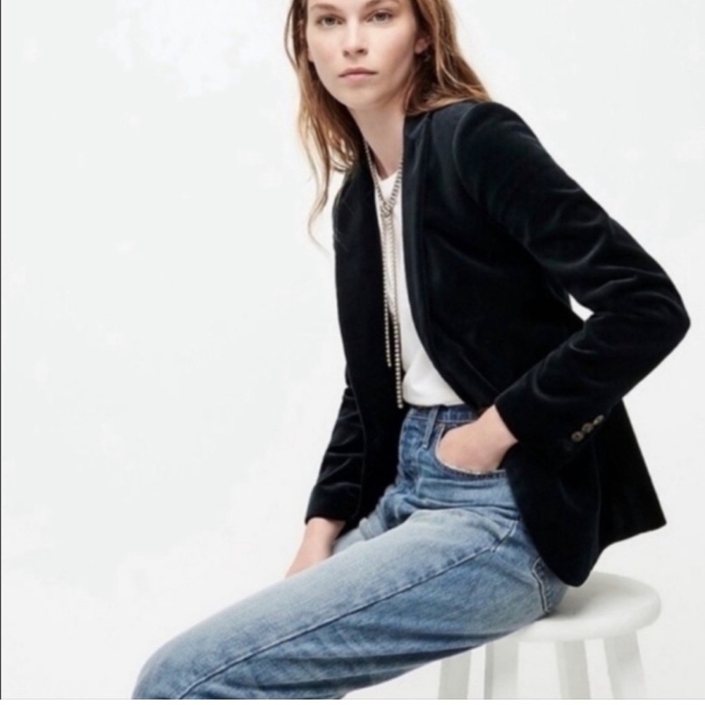 J Crew Black Velvet Blazer, fair used condition. Some subtle signs of wear.